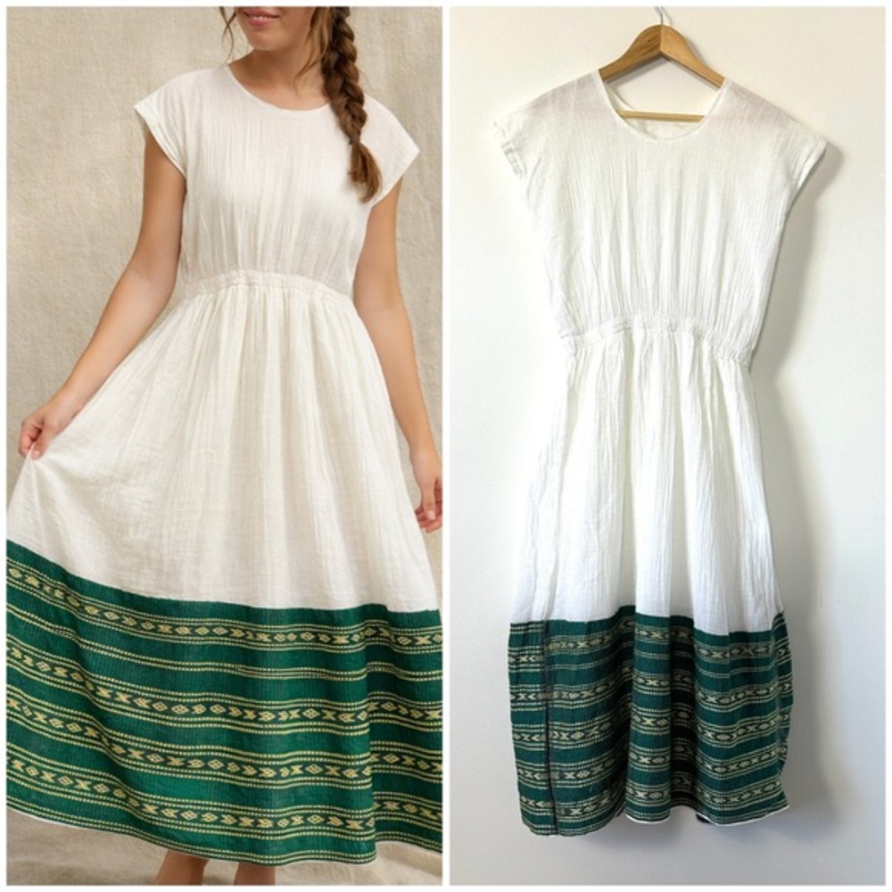 VTG 70s Praire Dress Handmade Cottagecore Folk Cotton L Green Maxi